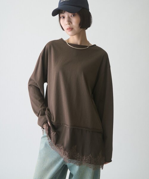 CIAOPANIC TYPY(チャオパニックティピー)の「∴【前後2WAY】ヘンリーネックサテンレースドッキングシアースラブTee(Tシャツ/カットソー・レディース・オフホワイト/ブラウン/ブラック・ONE SIZE)」の20枚目の写真