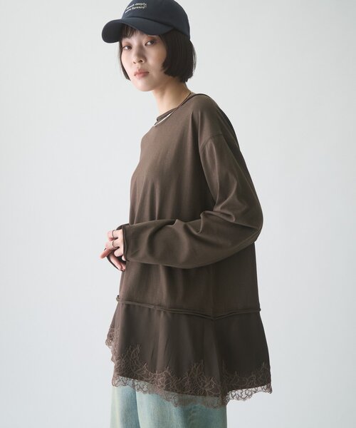 CIAOPANIC TYPY(チャオパニックティピー)の「∴【前後2WAY】ヘンリーネックサテンレースドッキングシアースラブTee(Tシャツ/カットソー・レディース・オフホワイト/ブラウン/ブラック・ONE SIZE)」の21枚目の写真