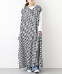 麻レーヨン先染めVネックワンピース【ロング丈】ノースリーブ