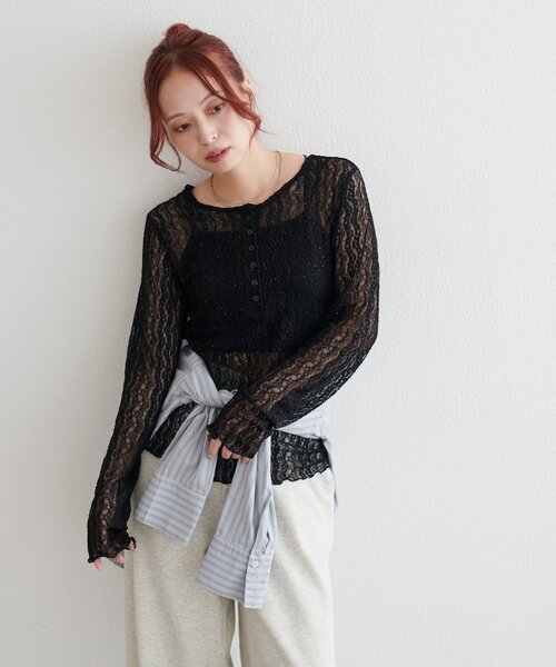 DISCOAT(ディスコート)の「【WEB限定】レースラメシアーヘンリーネックトップス(Tシャツ/カットソー・レディース・ホワイト/ブラック/ブラウン・FREE)」の17枚目の写真