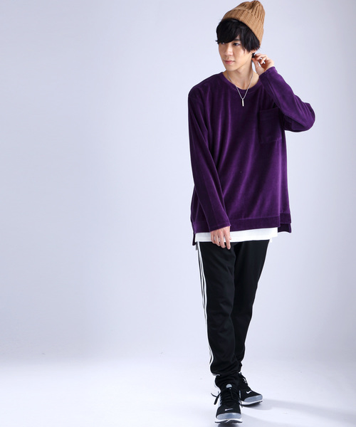 MONO-MART（モノマート）の「オーバーサイズ シルキーベロア プルオーバースウェット（スウェット・メンズ・ブラック/パープル/ネイビー/グレー/キャメル/ワイン・FREE）」の14枚目の写真