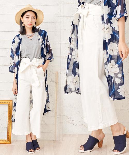 Girly Doll（ガーリードール）の「リボンベルト　ストレッチワイドパンツ（デニムパンツ・レディース・ワンウォッシュ/ホワイト/ダークインディゴブルー/インディゴブルー/ブラック・FREE）」の2枚目の写真