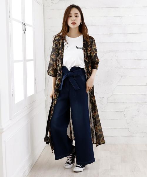 Girly Doll（ガーリードール）の「リボンベルト　ストレッチワイドパンツ（デニムパンツ・レディース・ワンウォッシュ/ホワイト/ダークインディゴブルー/インディゴブルー/ブラック・FREE）」の5枚目の写真