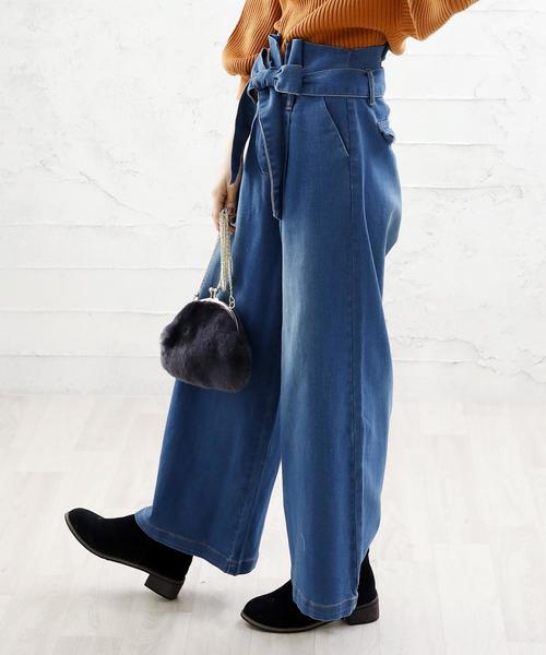 Girly Doll（ガーリードール）の「リボンベルト　ストレッチワイドパンツ（デニムパンツ・レディース・ワンウォッシュ/ホワイト/ダークインディゴブルー/インディゴブルー/ブラック・FREE）」の8枚目の写真