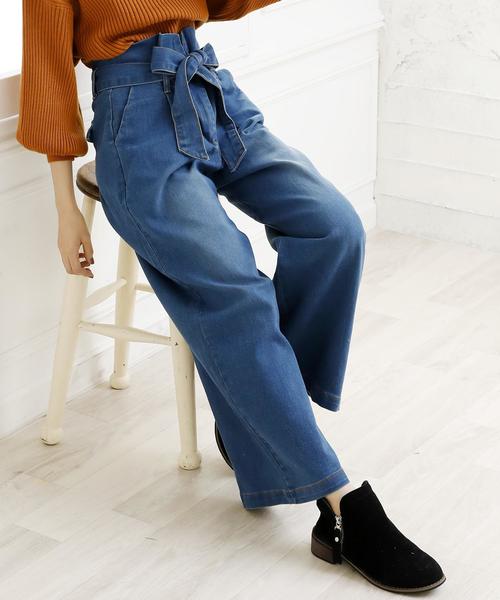 Girly Doll（ガーリードール）の「リボンベルト　ストレッチワイドパンツ（デニムパンツ・レディース・ワンウォッシュ/ホワイト/ダークインディゴブルー/インディゴブルー/ブラック・FREE）」の7枚目の写真