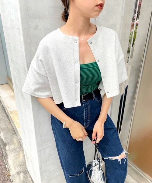 WHO'S WHO gallery（フーズフーギャラリー）の「リングドット半袖カーデ（カーディガン/ボレロ・レディース・ブラック/グリーン/トップグレー/オートミール・FREE）」の3枚目の写真