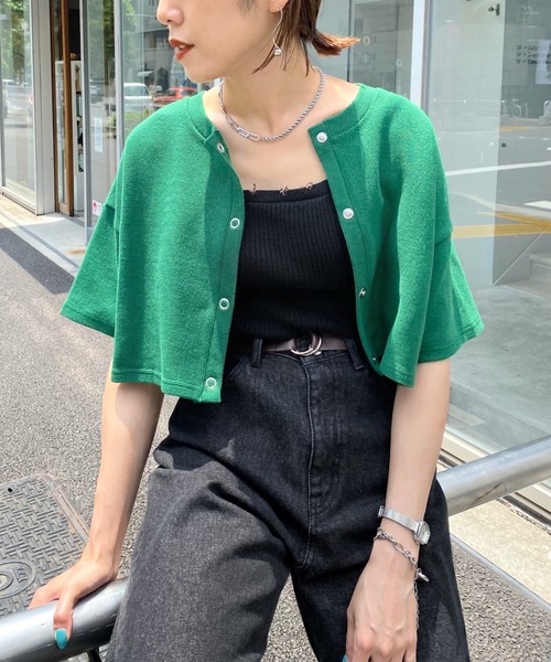 WHO'S WHO gallery（フーズフーギャラリー）の「リングドット半袖カーデ（カーディガン/ボレロ・レディース・ブラック/グリーン/トップグレー/オートミール・FREE）」の4枚目の写真