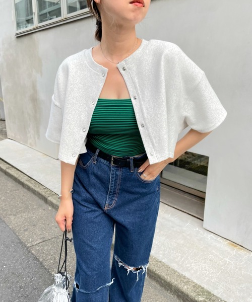 WHO'S WHO gallery（フーズフーギャラリー）の「リングドット半袖カーデ（カーディガン/ボレロ・レディース・ブラック/グリーン/トップグレー/オートミール・FREE）」の5枚目の写真