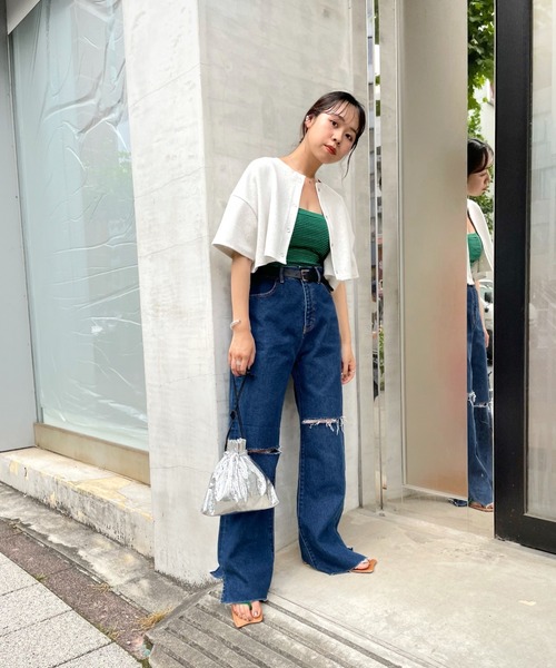 WHO'S WHO gallery（フーズフーギャラリー）の「リングドット半袖カーデ（カーディガン/ボレロ・レディース・ブラック/グリーン/トップグレー/オートミール・FREE）」の7枚目の写真