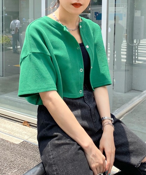 WHO'S WHO gallery（フーズフーギャラリー）の「リングドット半袖カーデ（カーディガン/ボレロ・レディース・ブラック/グリーン/トップグレー/オートミール・FREE）」の16枚目の写真