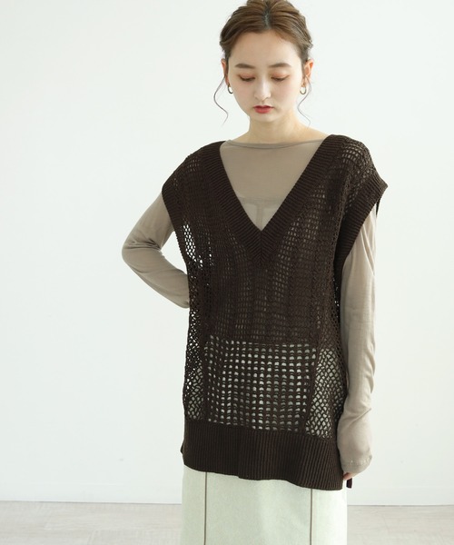 CLEIO（クレイオ）の「【CLEIO】クロシェハンドニットベスト（ニット/セーター・レディース・ダークブラウン/カーキ/アイボリー・FREE）」の3枚目の写真