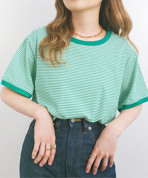 nemne store（ネンネストア）の「海を見つめる細ボーダーリンガーTシャツ（Tシャツ/カットソー・レディース・ベージュ/サックスブルー/グリーン・F）」の3枚目の写真