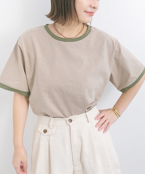 nemne store（ネンネストア）の「海を見つめる細ボーダーリンガーTシャツ（Tシャツ/カットソー・レディース・ベージュ/サックスブルー/グリーン・F）」の2枚目の写真