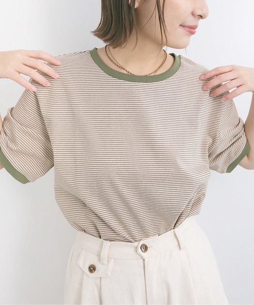 nemne store（ネンネストア）の「海を見つめる細ボーダーリンガーTシャツ（Tシャツ/カットソー・レディース・ベージュ/サックスブルー/グリーン・F）」の6枚目の写真