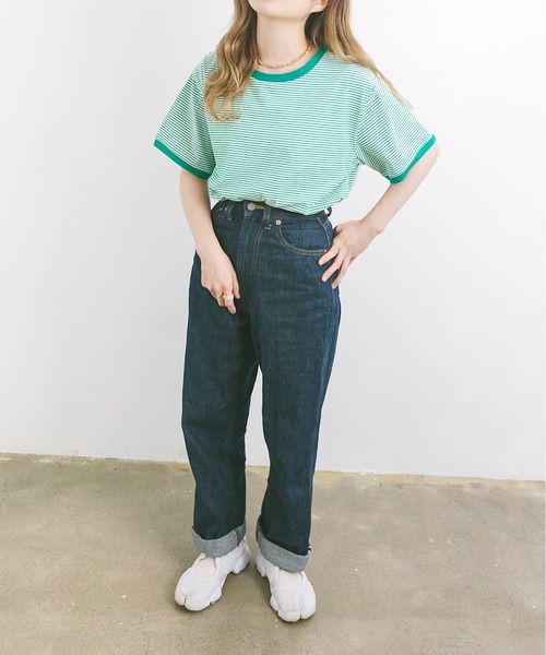 nemne store（ネンネストア）の「海を見つめる細ボーダーリンガーTシャツ（Tシャツ/カットソー・レディース・ベージュ/サックスブルー/グリーン・F）」の11枚目の写真