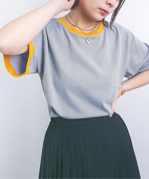 nemne store（ネンネストア）の「海を見つめる細ボーダーリンガーTシャツ（Tシャツ/カットソー・レディース・ベージュ/サックスブルー/グリーン・F）」の4枚目の写真
