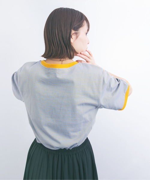 nemne store（ネンネストア）の「海を見つめる細ボーダーリンガーTシャツ（Tシャツ/カットソー・レディース・ベージュ/サックスブルー/グリーン・F）」の8枚目の写真