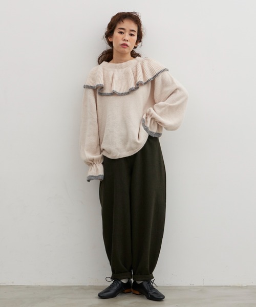 Libra Cue（リブラ キュー）の「ヘリンボーンバルーンパンツ（スラックス・レディース・ネイビー/カーキ・1/2）」の3枚目の写真