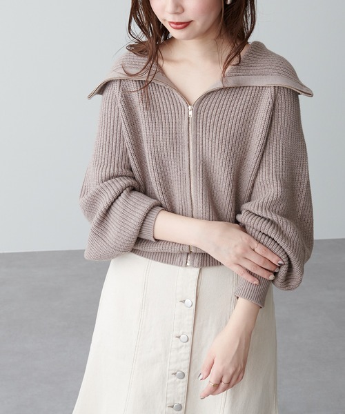 natural couture(ナチュラルクチュール)の「ビック衿ジップニットカーディガン(カーディガン/ボレロ・レディース・アイボリー/チャコールグレー/モカ/ミント・FREE)」の3枚目の写真