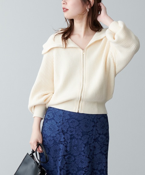 natural couture(ナチュラルクチュール)の「ビック衿ジップニットカーディガン(カーディガン/ボレロ・レディース・アイボリー/チャコールグレー/モカ/ミント・FREE)」の8枚目の写真