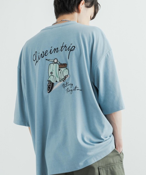 Rocky Monroe(ロッキーモンロー)の「オーバーサイズ TC天竺バックスーベニアバイク柄刺繍半袖Tシャツ(Tシャツ/カットソー・メンズ・パープル/オフホワイト/ブラック/ダークグリーン/サックスブルー・L/LL/M)」の5枚目の写真