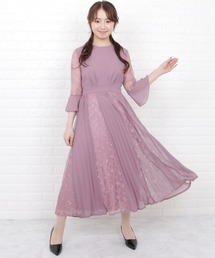 レースプリーツ切替ロングワンピースドレス