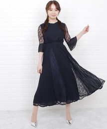 レースプリーツ切替ロングワンピースドレス