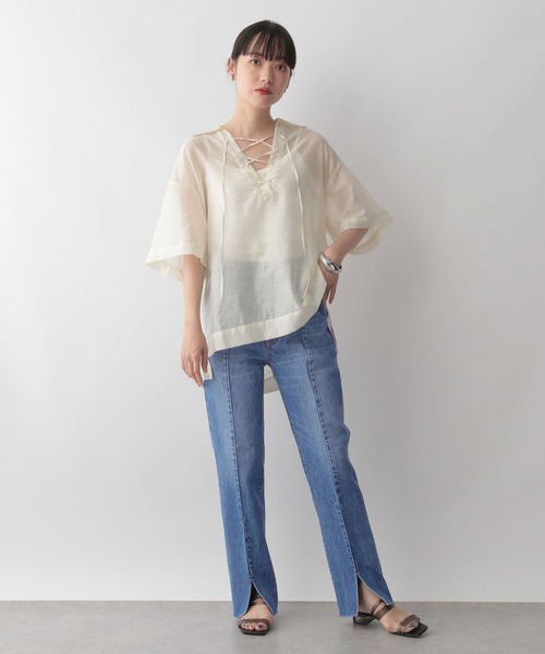 LOWRYS FARM（ローリーズファーム）の「シアースキッパーシャツ６分袖　346354（シャツ/ブラウス・レディース・ブラウン/ブルー/アイボリー・FREE）」の5枚目の写真