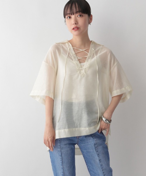 LOWRYS FARM（ローリーズファーム）の「シアースキッパーシャツ６分袖　346354（シャツ/ブラウス・レディース・ブラウン/ブルー/アイボリー・FREE）」の6枚目の写真