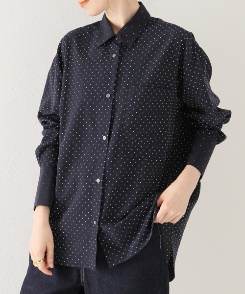 IENA☆ネイビー ドット柄 長袖シャツ FREE サテン ストライプ シャツ