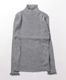 袖口&ネック透かし編みライン入りリブタートルニット