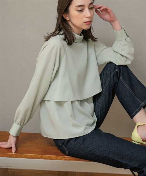 OPAQUE.CLIP（オペークドットクリップ）の「◆ロールカラージョーゼットブラウス（シャツ/ブラウス・レディース・ネイビー/ホワイト系/グリーン系/ピンク・40/36/38）」の5枚目の写真