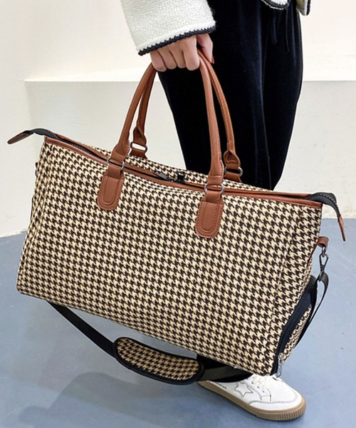 florist（フローリスト）の「【大容量】【2WAY/3WAY】シックな千鳥格子×ポイントレザーボストンバッグ/トラベルバッグ/サブバッグ