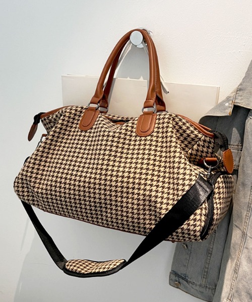 florist（フローリスト）の「【大容量】【2WAY/3WAY】シックな千鳥格子×ポイントレザーボストンバッグ/トラベルバッグ/サブバッグ