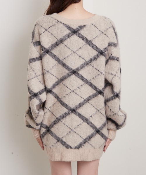 チェックジャガードクルーネックルーズカーディガン（カーディガン