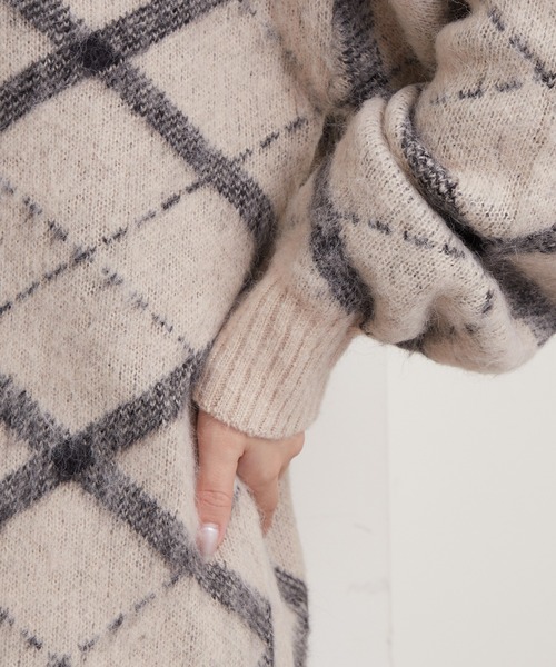 チェックジャガードクルーネックルーズカーディガン（カーディガン