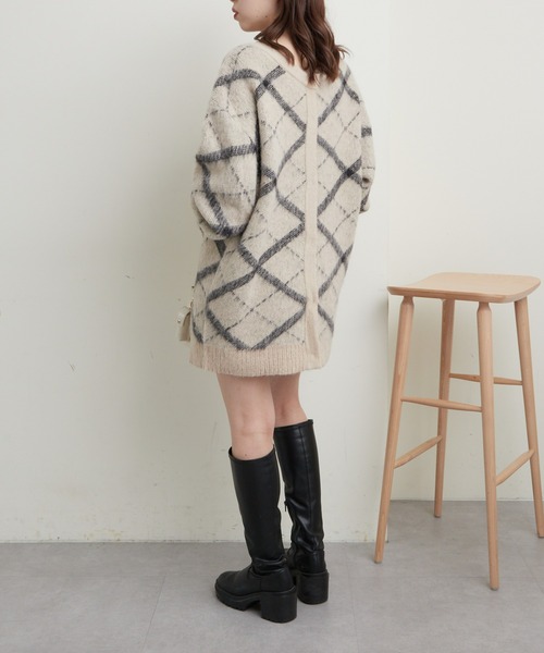 チェックジャガードクルーネックルーズカーディガン（カーディガン