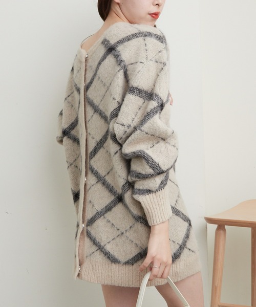 チェックジャガードクルーネックルーズカーディガン（カーディガン