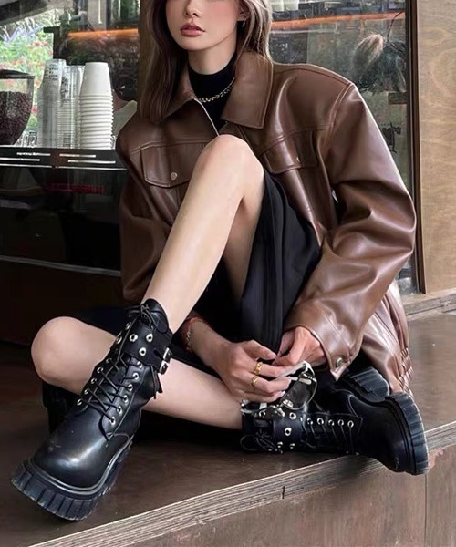 gossip！ロサンゼルス（ゴシップロサンゼルス）の「合成皮革ジャケット（ライダースジャケット・レディース・ブラウン/ブラック・FREE）」の3枚目の写真