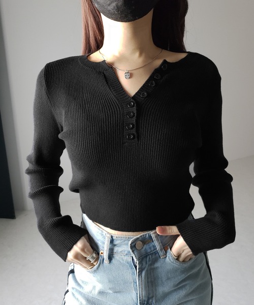 3color 】キーネックボタンデザインクロップドリブニット（ニット