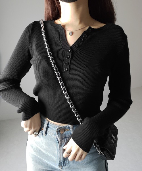 アイドル mjmr1204 3color 】キーネックボタンデザインクロップドリブニット