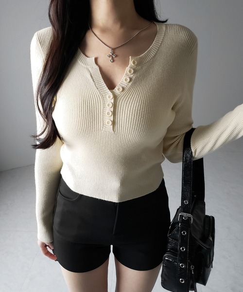 アイドル mjmr1204 3color 】キーネックボタンデザインクロップドリブニット