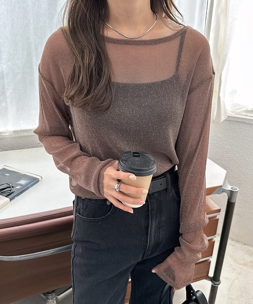andme(アンドミー)の「ラメシアー長袖トップス(Tシャツ/カットソー・レディース・オフホワイト/グレー/ブラック/アッシュブラウン/アイボリー・FREE)」の5枚目の写真