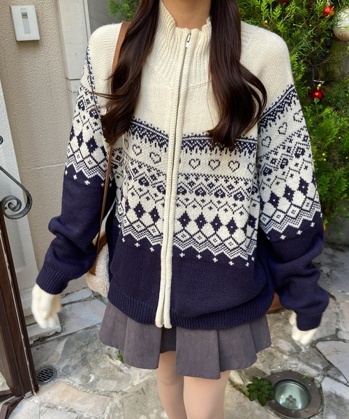RiLi(リリ)の「ノルディックジップアップニット【RL】(ニット/セーター・レディース・ネイビー系2/ネイビー系1/レッド・FREE)」の2枚目の写真