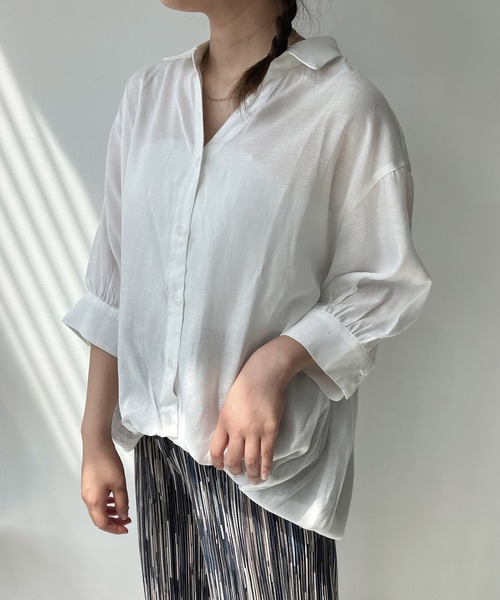 AS KNOW AS plus(アズノゥアズプラス)の「◎前開きスキッパー7分袖シャツ(シャツ/ブラウス・レディース・ホワイト×ネイビー/キナリ/チャコールグレー/グレー/ブルーグリーン/ブラック系/ブルー系その他/イエロー系/ホワイト系その他/グリーン系/ホワイト系/ブルー系その他2/ホワイト系その他2/ブラック系その他/オレンジ系・FREE)」の6枚目の写真