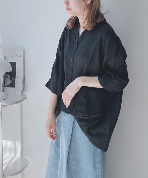 AS KNOW AS plus(アズノゥアズプラス)の「◎前開きスキッパー7分袖シャツ(シャツ/ブラウス・レディース・ホワイト×ネイビー/キナリ/チャコールグレー/グレー/ブルーグリーン/ブラック系/ブルー系その他/イエロー系/ホワイト系その他/グリーン系/ホワイト系/ブルー系その他2/ホワイト系その他2/ブラック系その他/オレンジ系・FREE)」の1枚目の写真