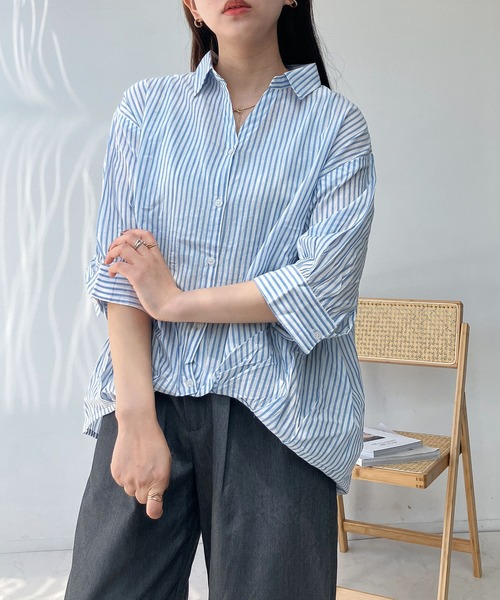 AS KNOW AS plus(アズノゥアズプラス)の「◎前開きスキッパー7分袖シャツ(シャツ/ブラウス・レディース・ホワイト×ネイビー/キナリ/チャコールグレー/グレー/ブルーグリーン/ブラック系/ブルー系その他/イエロー系/ホワイト系その他/グリーン系/ホワイト系/ブルー系その他2/ホワイト系その他2/ブラック系その他/オレンジ系・FREE)」の5枚目の写真