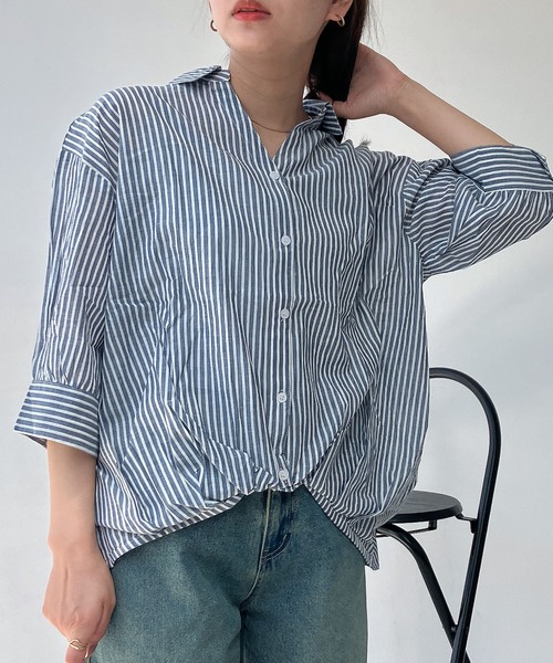 AS KNOW AS plus(アズノゥアズプラス)の「◎前開きスキッパー7分袖シャツ(シャツ/ブラウス・レディース・ホワイト×ネイビー/キナリ/チャコールグレー/グレー/ブルーグリーン/ブラック系/ブルー系その他/イエロー系/ホワイト系その他/グリーン系/ホワイト系/ブルー系その他2/ホワイト系その他2/ブラック系その他/オレンジ系・FREE)」の13枚目の写真