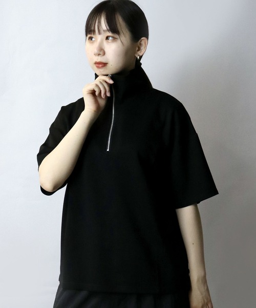 HALF NOTE ゆったりAライン プルオーバー シャツ 黒 体型カバー セール】double knit half zip T-shirt/接触冷感 ダンボール