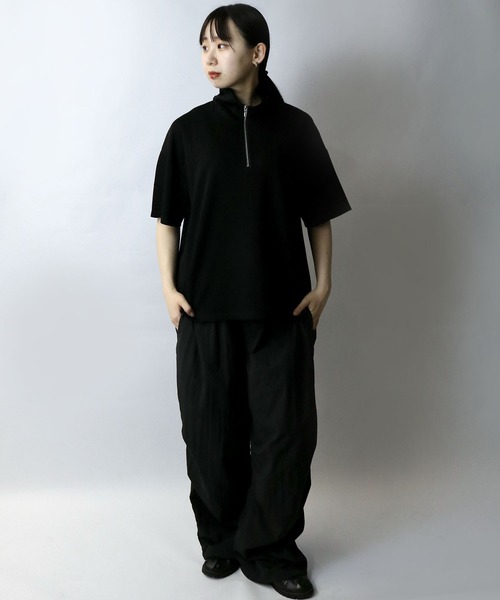 ハチヤーズ　レディース　ダンボールニット　モックネック　トップス　ウェア　L 黒 セール】double knit half zip T-shirt/接触冷感 ダンボール